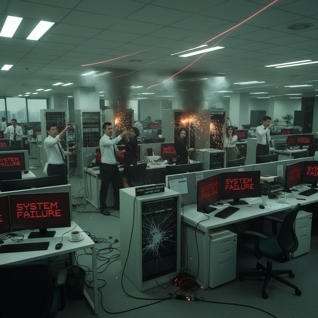 Zdjęcie ekranu z napisem 'system failure' w nowoczesnym korporacyjnym biurze – symbol wpadek automatyzacji