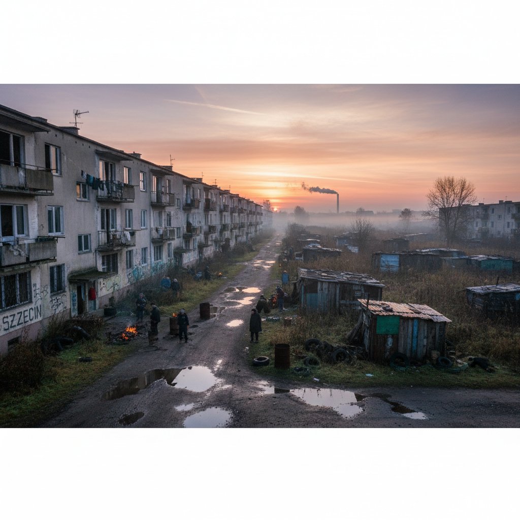 Osiedle na obrzeżach Szczecina widziane o świcie, symbolizujące marginalizowane dzielnice