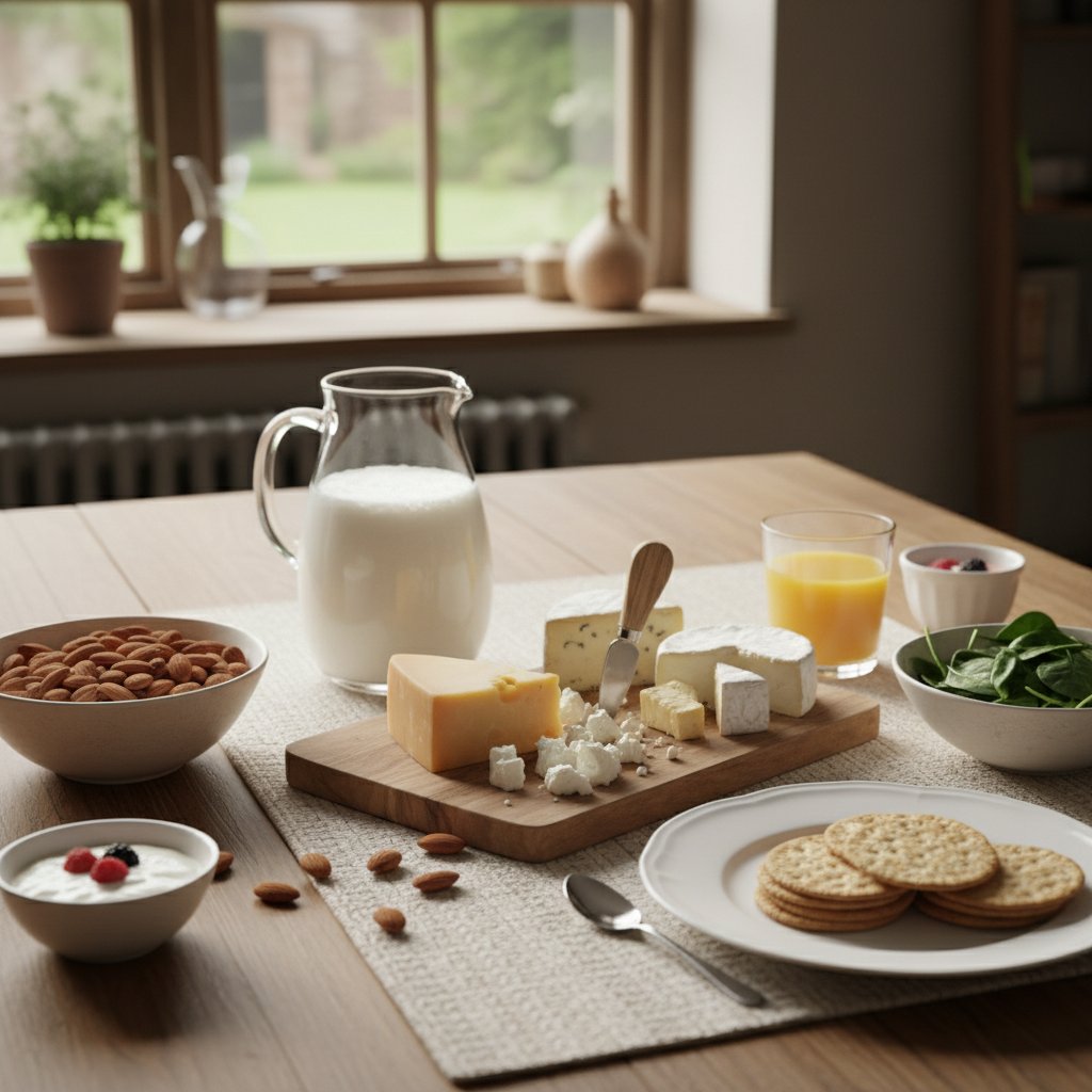 Stół z naturalnymi źródłami wapnia: mleko, sery, migdały, domowe otoczenie