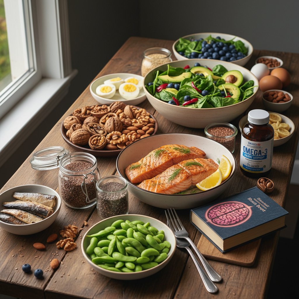 Stół z produktami bogatymi w kwasy omega-3, orzechy, ryby, owoce