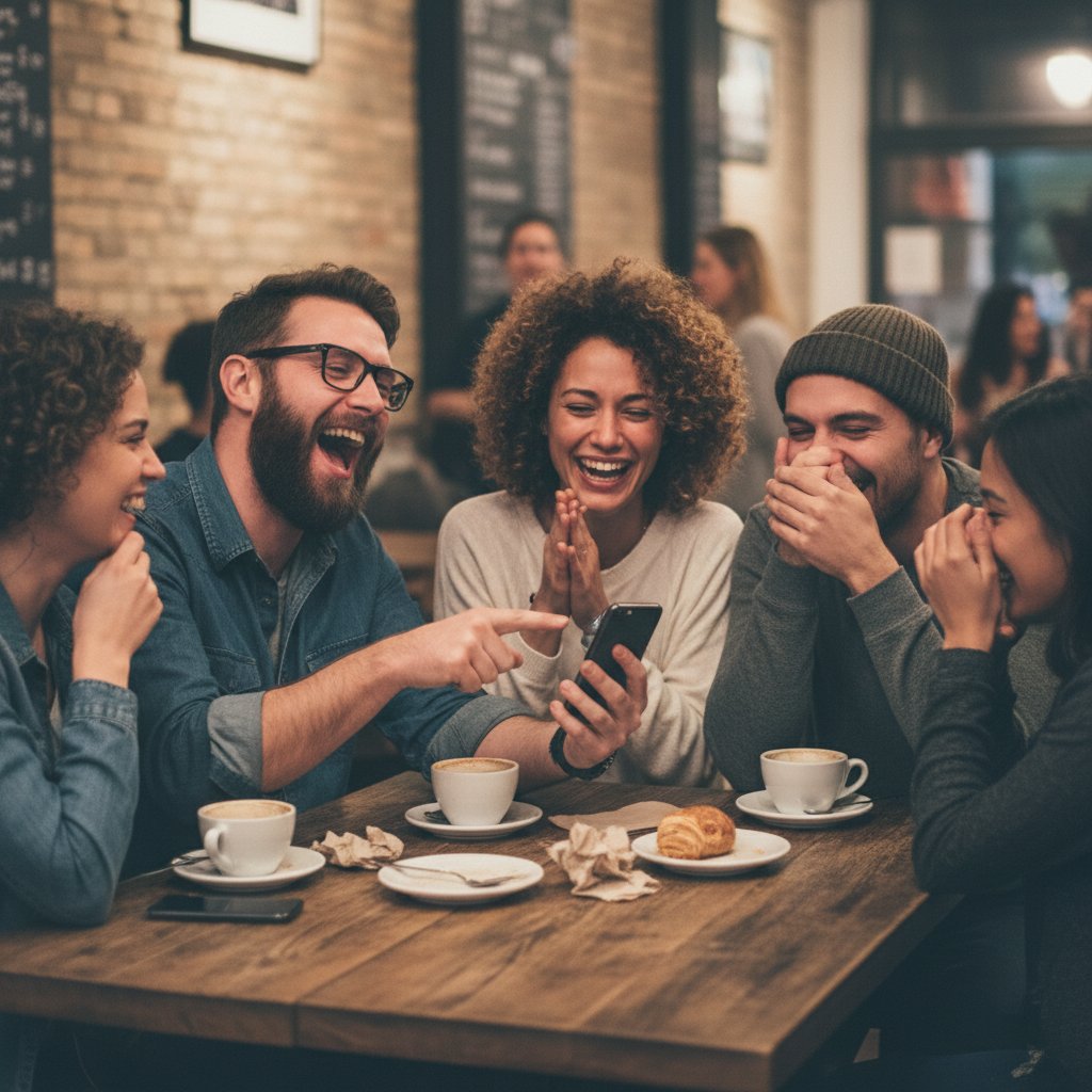 Rozmowa przy stole, ktoś opowiada żart, inni śmieją się, atmosfera swobodna
