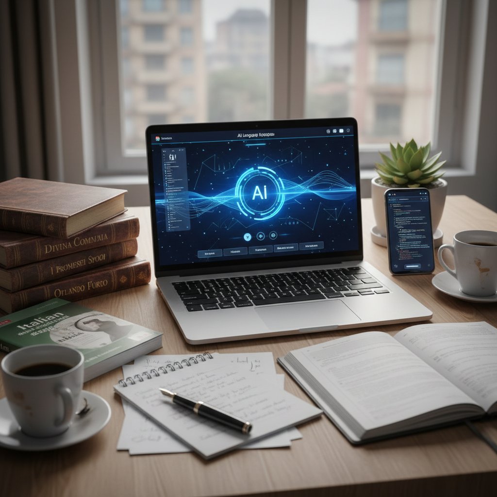 Stół z notatkami, komputerem, włoskimi podręcznikami i telefonem z aplikacją AI