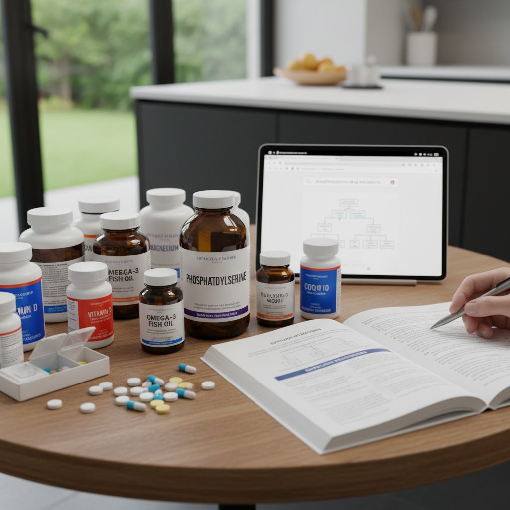 Stół z wieloma rodzajami kapsułek i butelek – symbol interakcji suplementów