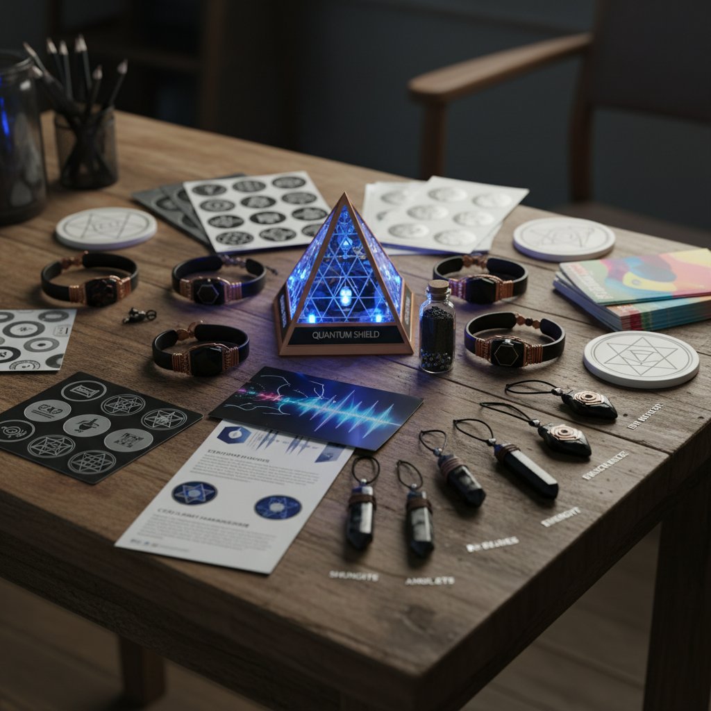 Zdjęcie stołu z rozłożonymi gadżetami pseudochroniącymi przed promieniowaniem, w tym naklejki na telefon, bransoletki, amulety — moda na fałszywą ochronę