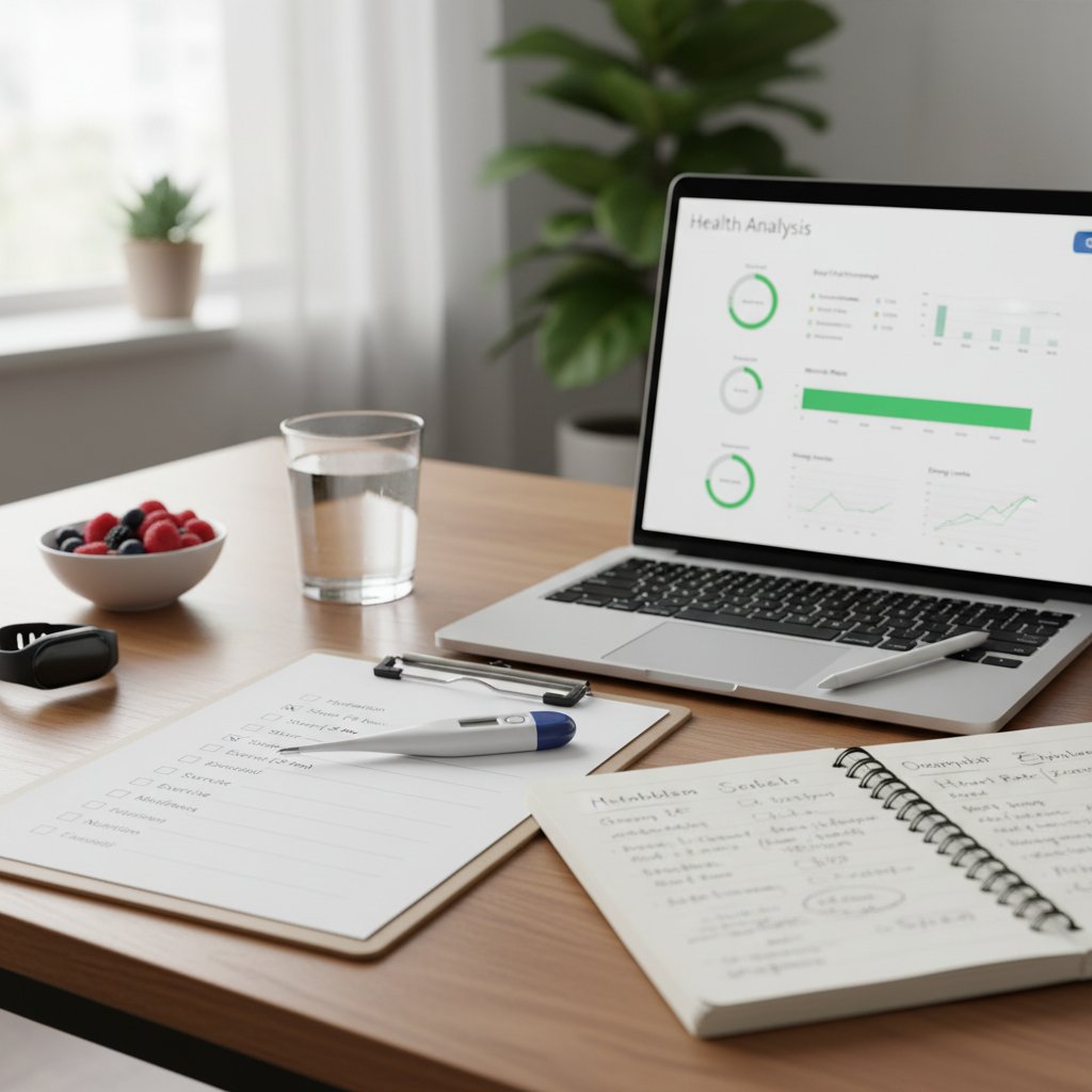 Stół z checklistą, termometrem, notatnikiem i laptopem, atmosfera domowej analizy