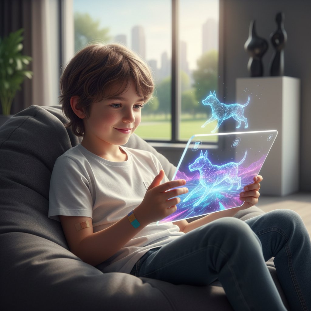 Tablet z nowoczesnym interfejsem pieska AI, rozświetlone mieszkanie, dziecko wpatrzone w ekran – immersja i realizm cyfrowego pupila
