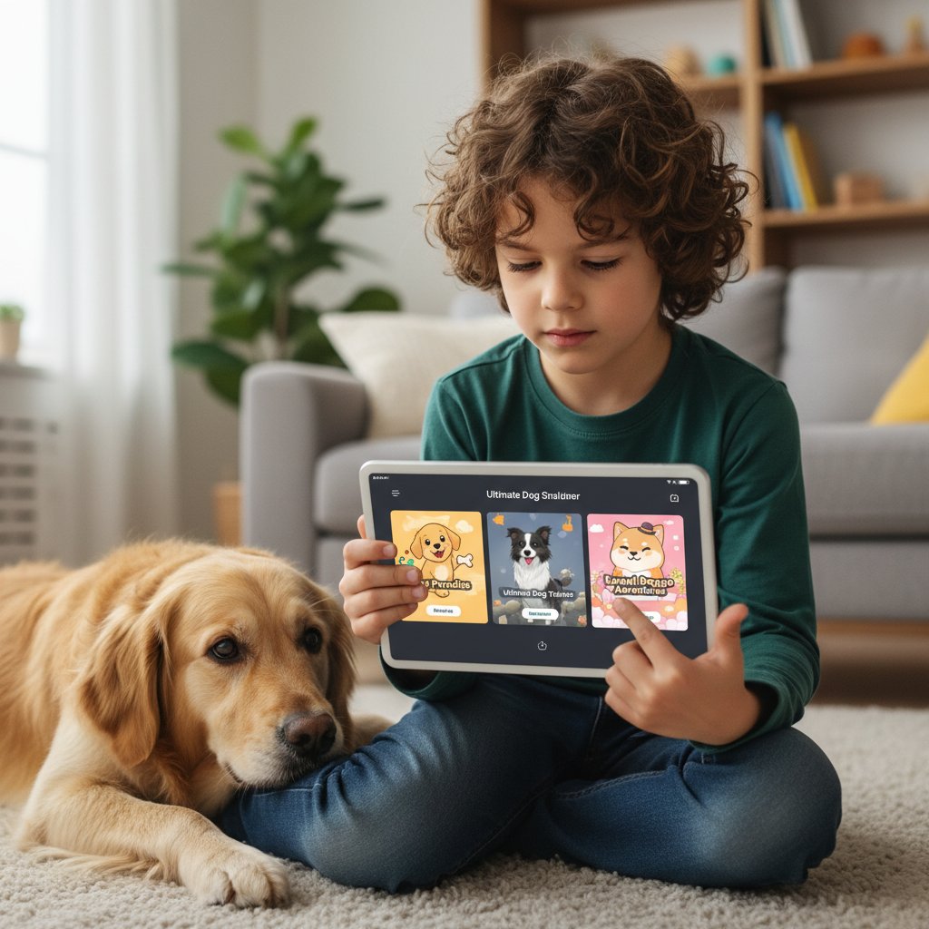 Tablet z wyświetlonymi trzema aplikacjami symulatorów psa, dziecko wybiera jedną z nich