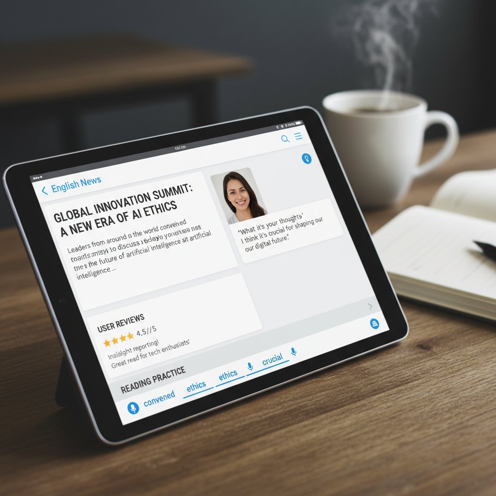 Różne rodzaje tekstów po angielsku na ekranie tabletu: news, opowiadanie, dialog, recenzja