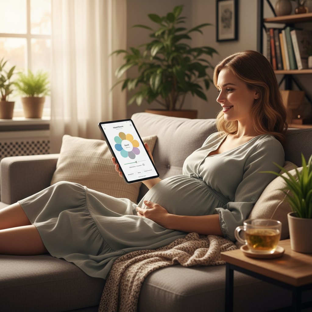 Zdjęcie tabletu z otwartą aplikacją do monitorowania nastroju, kobieta w ciąży obok