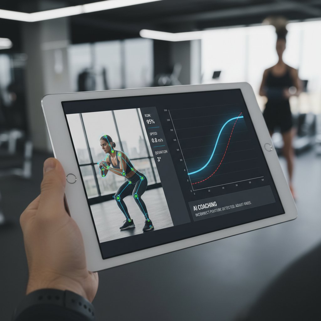 Zbliżenie na ekran tabletu z analizą ruchu przez AI podczas ćwiczeń rehabilitacyjnych
