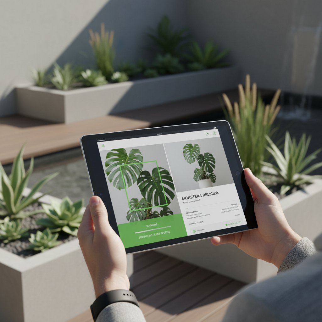 Tablet z aplikacją do rozpoznawania roślin używany w ogrodzie ekologicznym