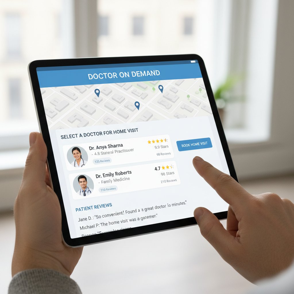 Tablet z opiniami o lekarzu, pacjent wybiera usługę medyczną w domu
