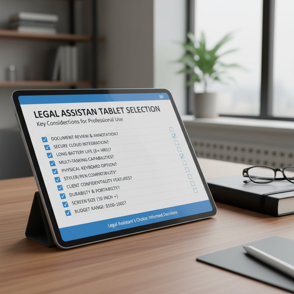 Osoba odznacza checklistę na tablecie, na ekranie pytania dotyczące wyboru asystenta prawnego