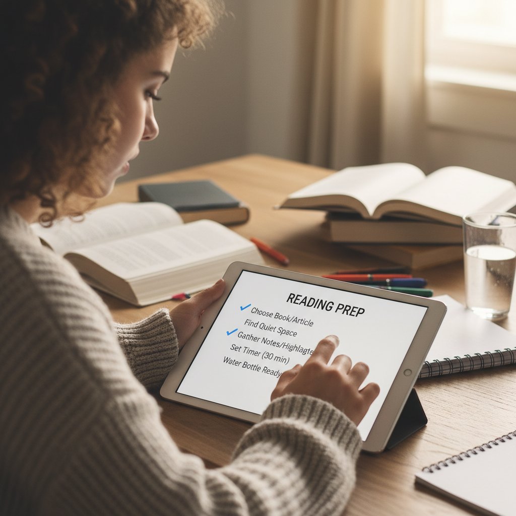 Tablet z otwartą listą kontrolną, uczeń przygotowujący się do czytania lektury online