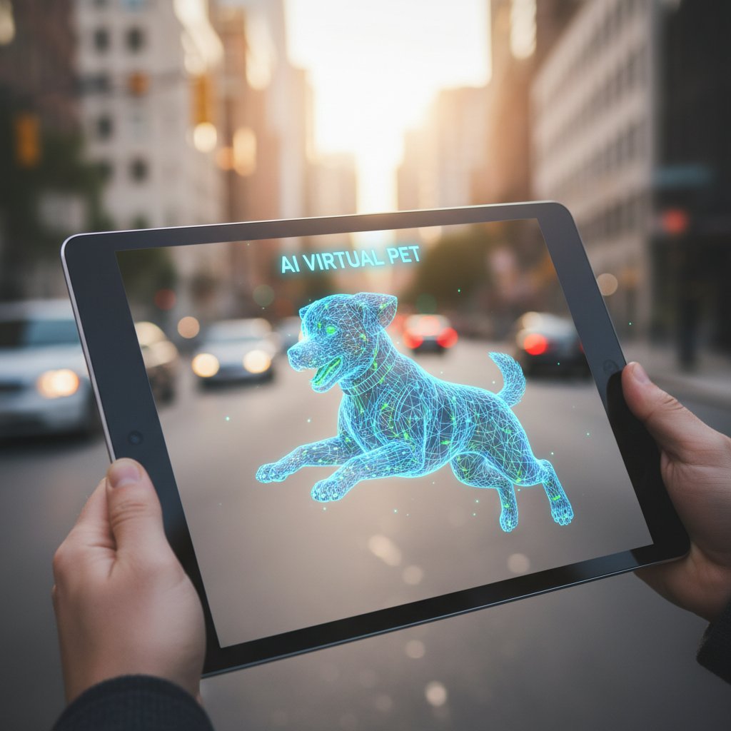 Nahaufnahme eines Tablets mit KI-basiertem virtuellem Hund, moderner urbaner Hintergrund