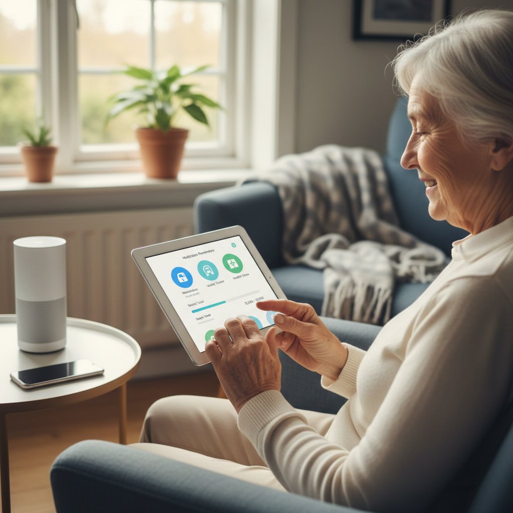 Tablet z aplikacją do monitorowania zdrowia, starsza osoba korzystająca z technologii w domowym zaciszu