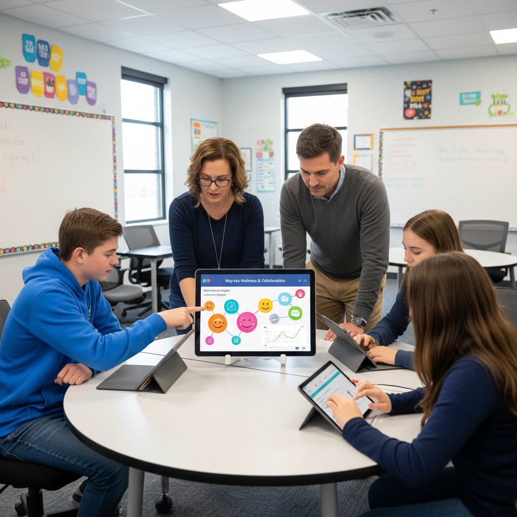 Schüler:innen und Lehrkräfte arbeiten mit Tablet und Apps zur Psychoedukation, innovative Schule, gemeinsames Lernen
