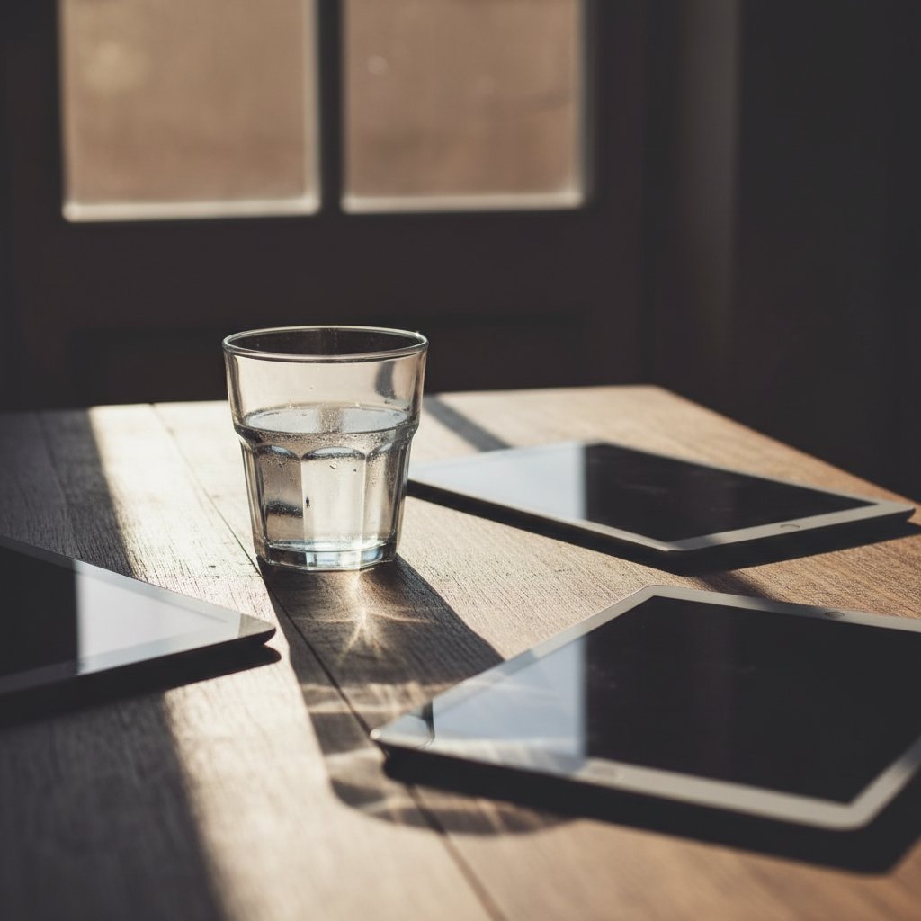 Tabletki rozsypane na stole obok szklanki wody, dramatyczny cień