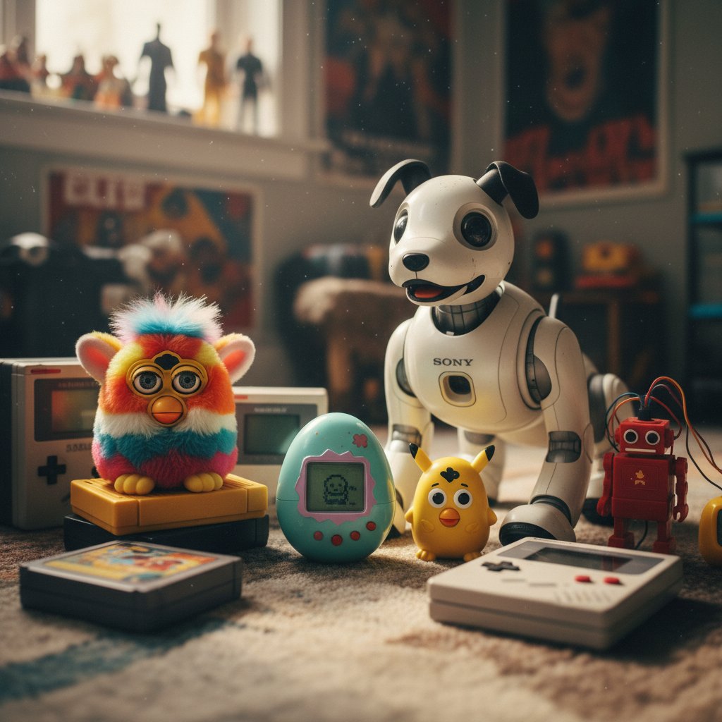 Kolekcja historycznych zabawek elektronicznych: Tamagotchi, Aibo, Furby na drewnianym stole