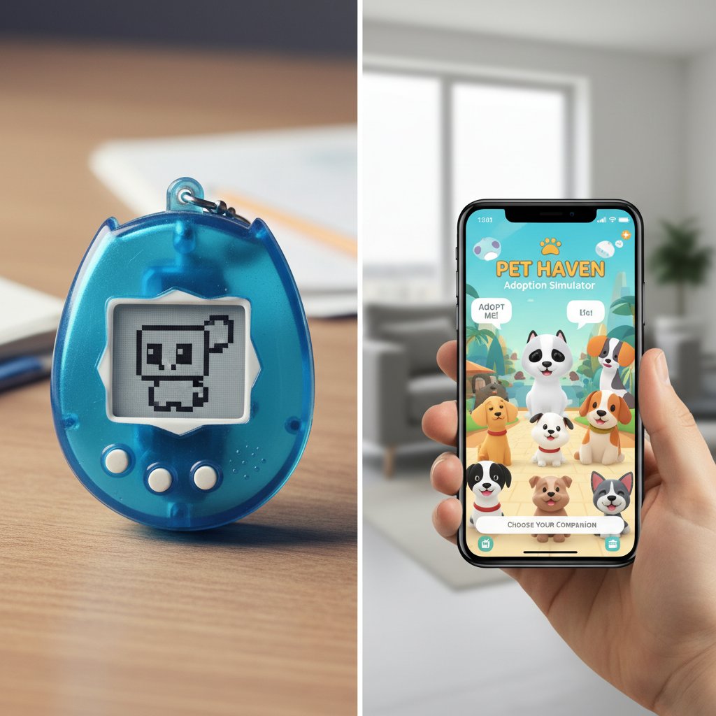 Starszy model Tamagotchi i współczesny smartfon z aplikacją pies do adopcji symulator – zestawienie dwóch epok