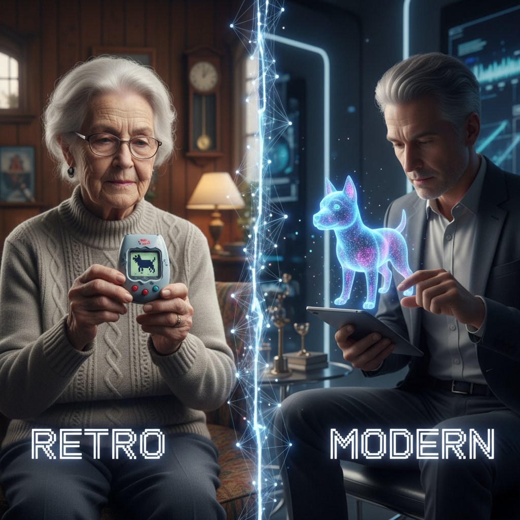 Stare Tamagotchi i nowoczesny smartfon z aplikacją pieska AI dla seniorów