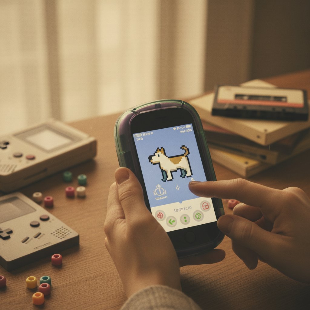 Nostalgiczna scena: stary Tamagotchi obok nowoczesnego smartfona z uruchomioną aplikacją wirtualnego psa