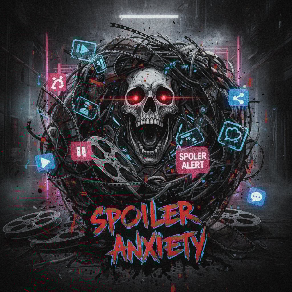 Abstract photo of tangled film reels with interwoven social media icons, representing spoiler anxiety