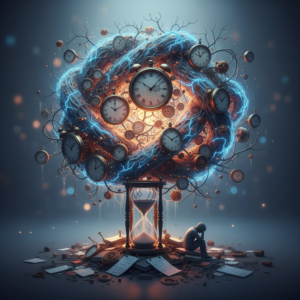 Artystyczna wizualizacja splątanych neuronów i zegarów jako symbol prokrastynacji, chaos w głowie ucznia