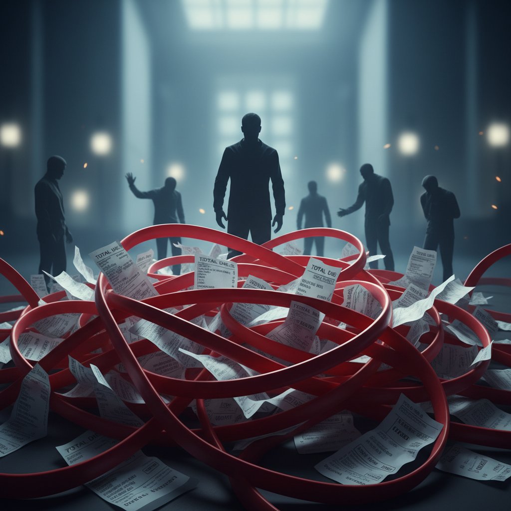 Symboliczne przedstawienie kosztów społecznych paraliżu psychogennego – sieć biurokracji, rachunki szpitalne, sylwetki ludzi