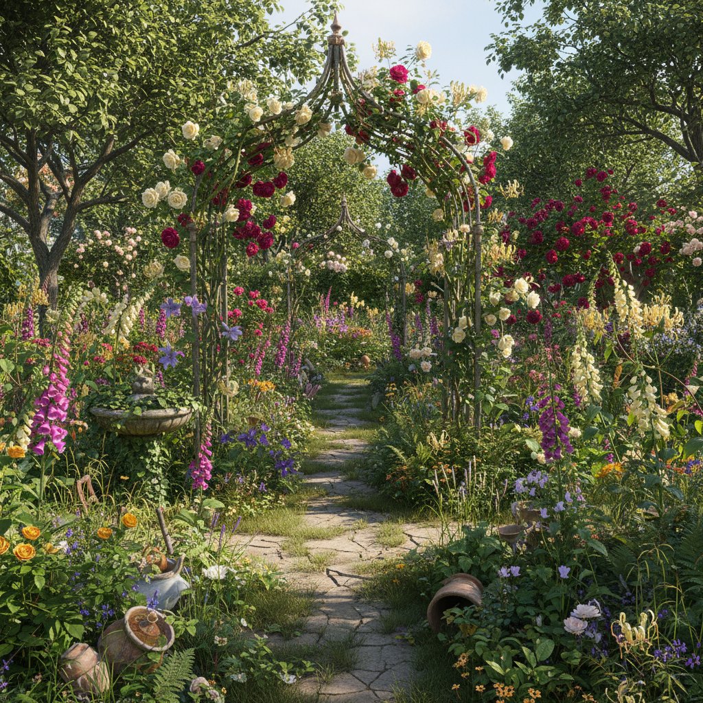 Chaotyczny, dziki, ale piękny ogród, południowe światło