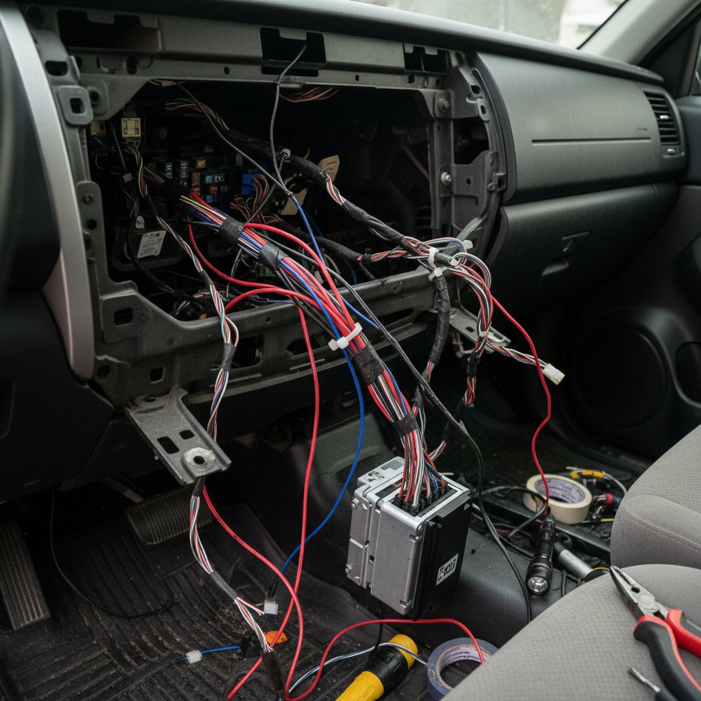 Cables and connectors during a brake controller installation, showing a tangled mess beneath a dashboard