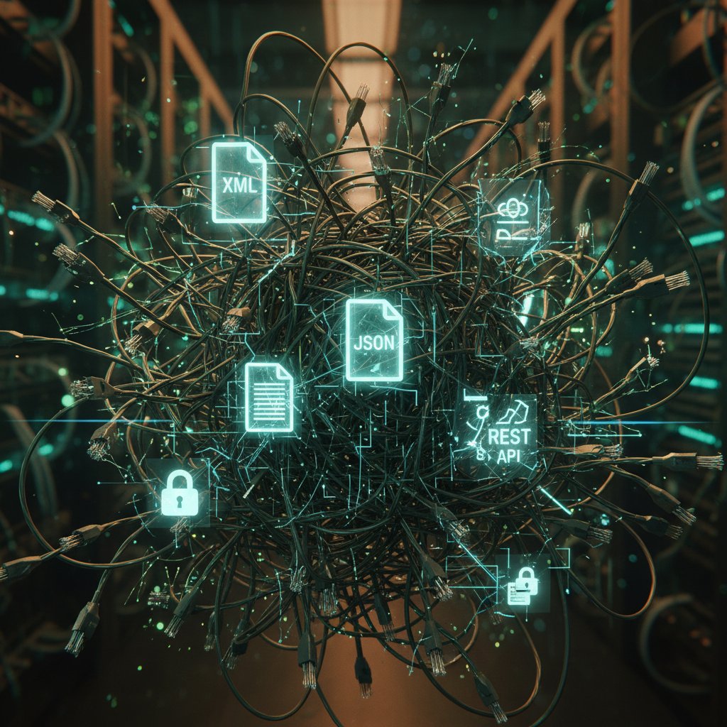 Abstract chaotic photo of tangled wires and broken connectors overlaying document icons, representing failed API integration