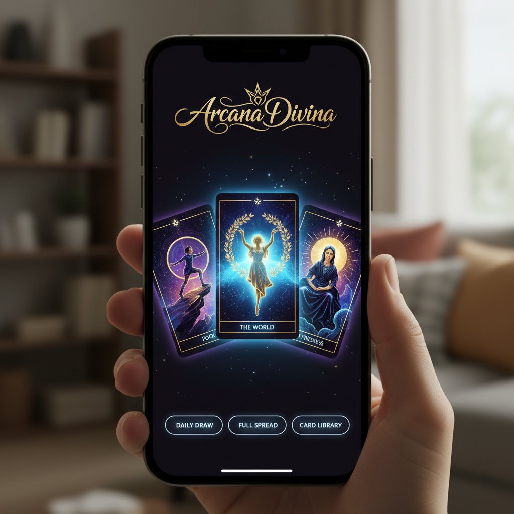 Ekran smartfona z aplikacją do tarota, karty rozłożone na cyfrowym stole, nowoczesne wnętrze