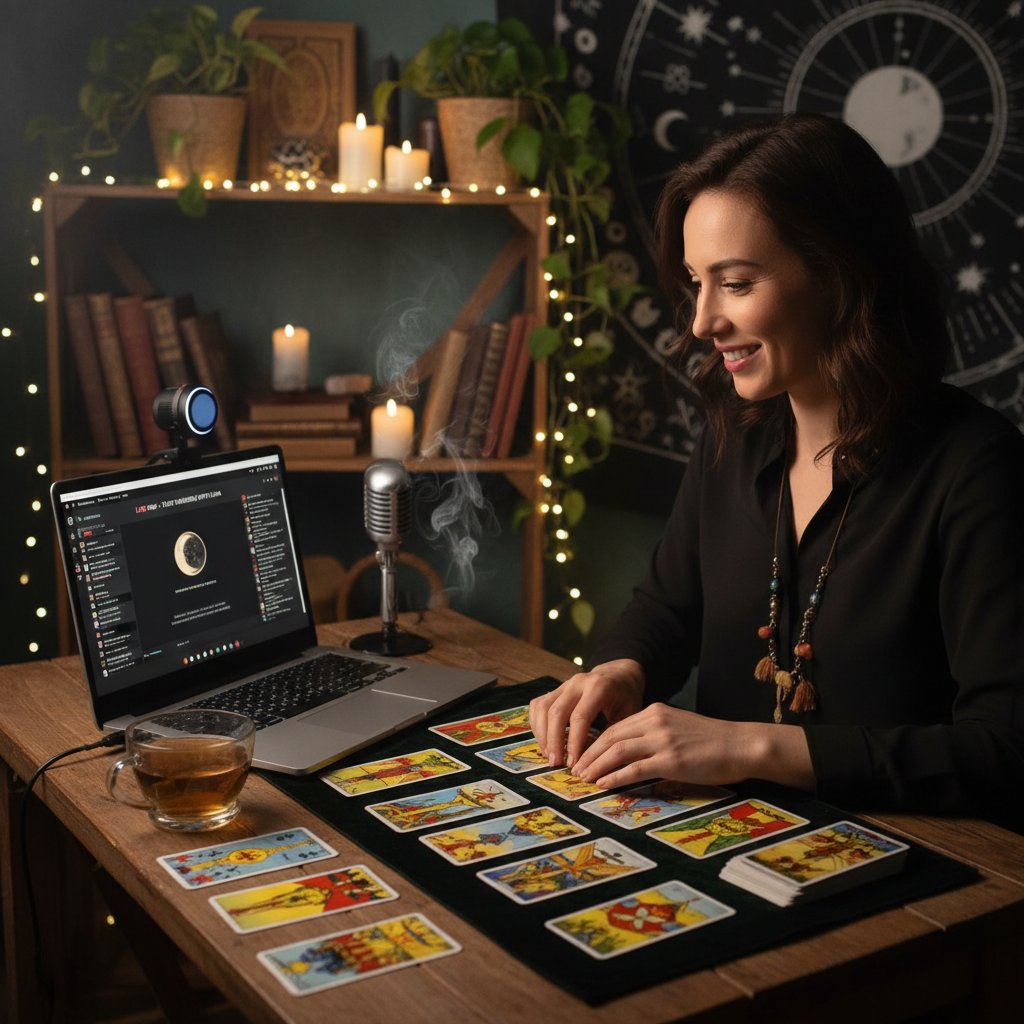 Eine moderne Tarot-Leserin streamt einen Workshop von zu Hause aus, mit Laptop und traditionellen Karten