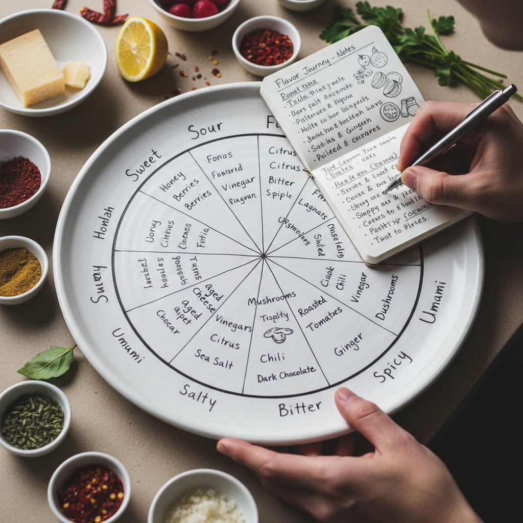Osoba analizująca mapę smaków – notes, przyprawy, owoce, autoanaliza preferencji