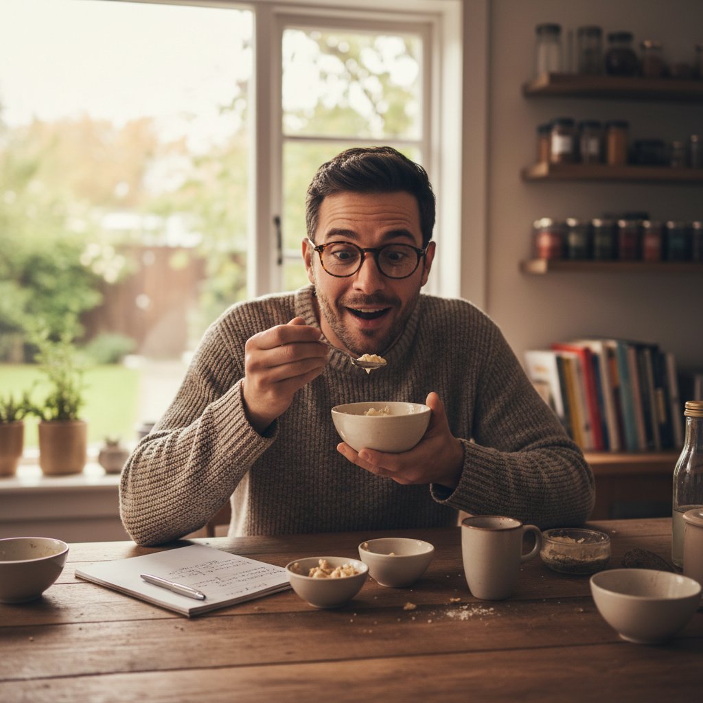 Cztery szklanki z roztworami w różnych kolorach, osoba przeprowadza domowy test smaku