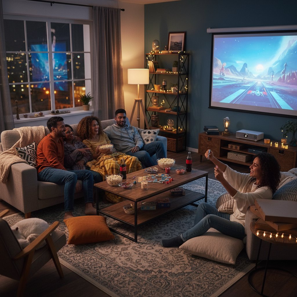 User using tasteray.com on tablet while friends discuss movies in the background