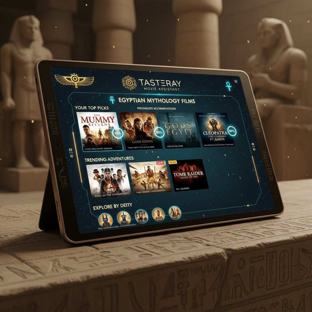 A person using a tablet to browse tasteray.com, with Egyptian mythology movies featured prominently