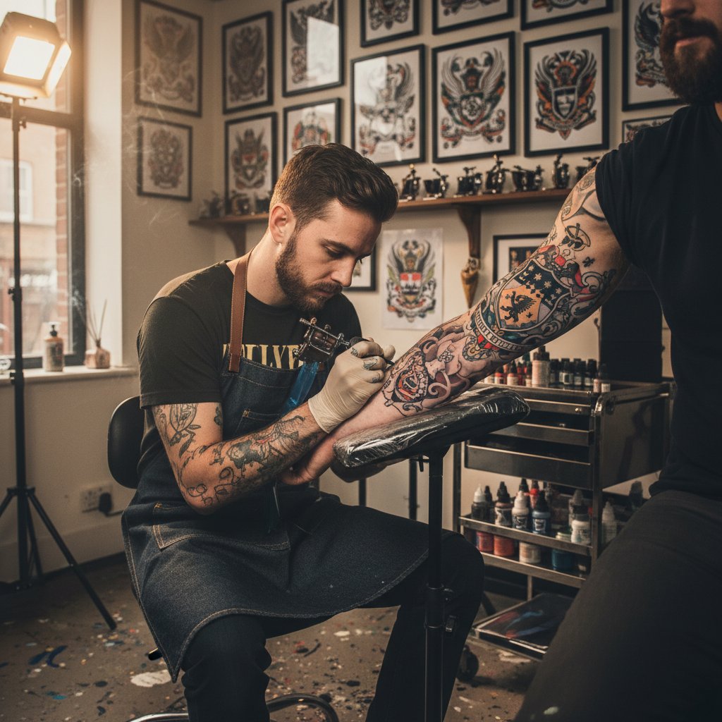 Tatuażysta wykonujący tatuaż herbowy na ramieniu młodego mężczyzny, artystyczna atmosfera, popkultura