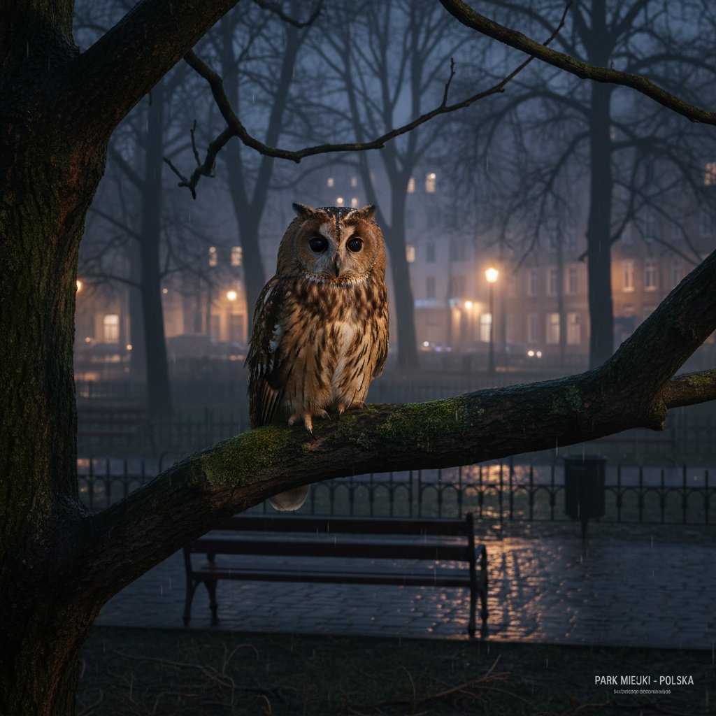 Puszczyk siedzący na gałęzi drzewa w miejskim parku w Polsce, nocna sceneria