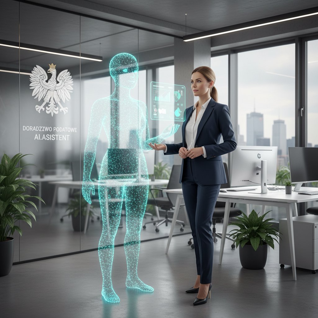 Specjalista podatkowy konsultuje się z cyfrowym asystentem AI w nowoczesnym polskim biurze