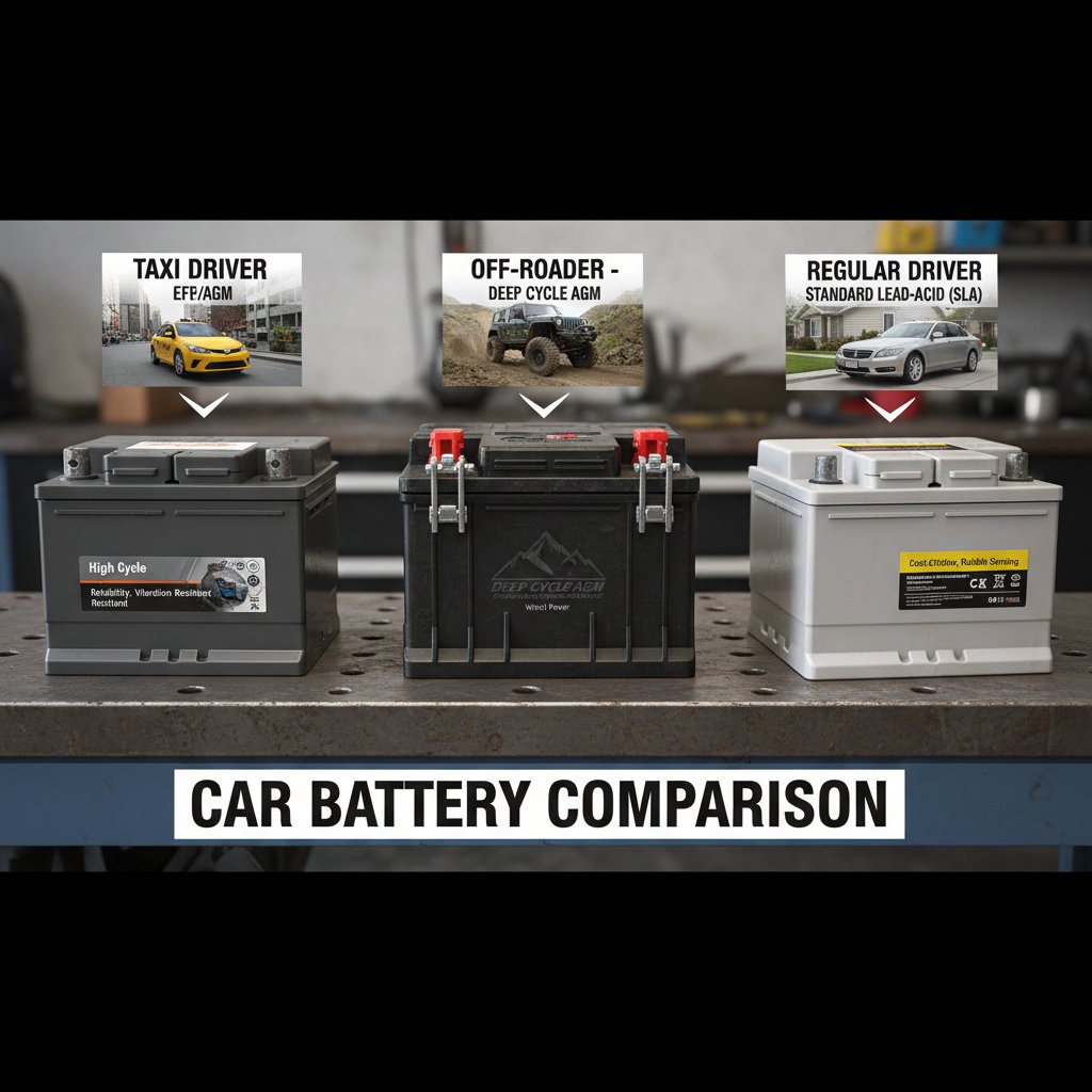 Taksówkarz, offroadowiec i zwykły kierowca przy otwartych maskach aut, porównanie stylów użytkowania akumulatorów