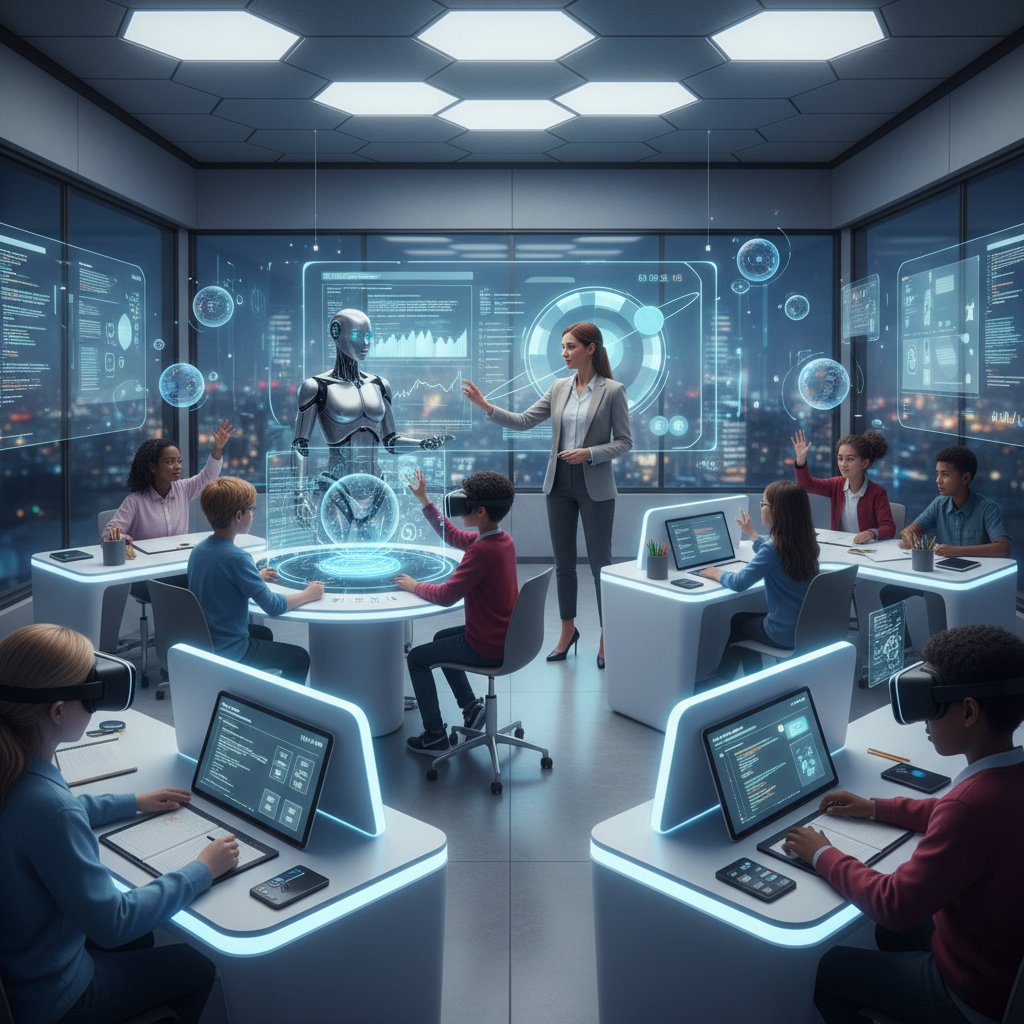 Nauczyciel i AI współpracujący podczas lekcji w nowoczesnej klasie