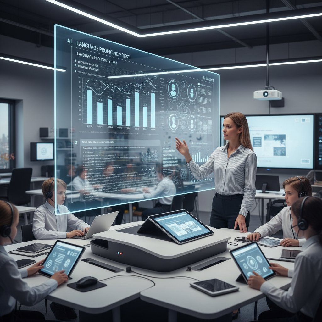 Nauczyciel korzystający z AI do analizy wyników testów językowych online