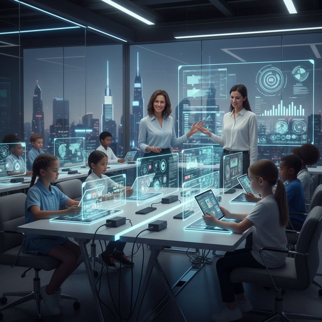Nauczycielka korzysta z interaktywnych narzędzi AI w nowoczesnej klasie, uczniowie pracują na tabletach