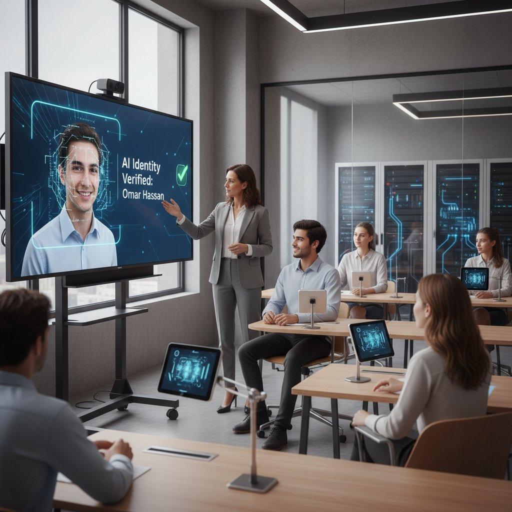 Nauczyciel korzystający z weryfikacji tożsamości ucznia przez AI, nowoczesne technologie bezpieczeństwa