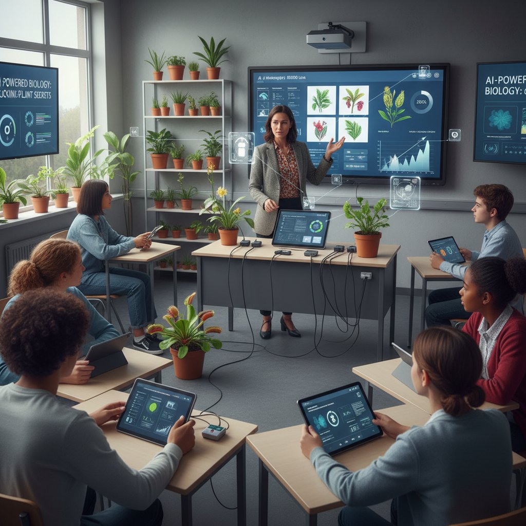 Nauczyciel korzystający z narzędzi AI do analizy danych roślinnych podczas lekcji