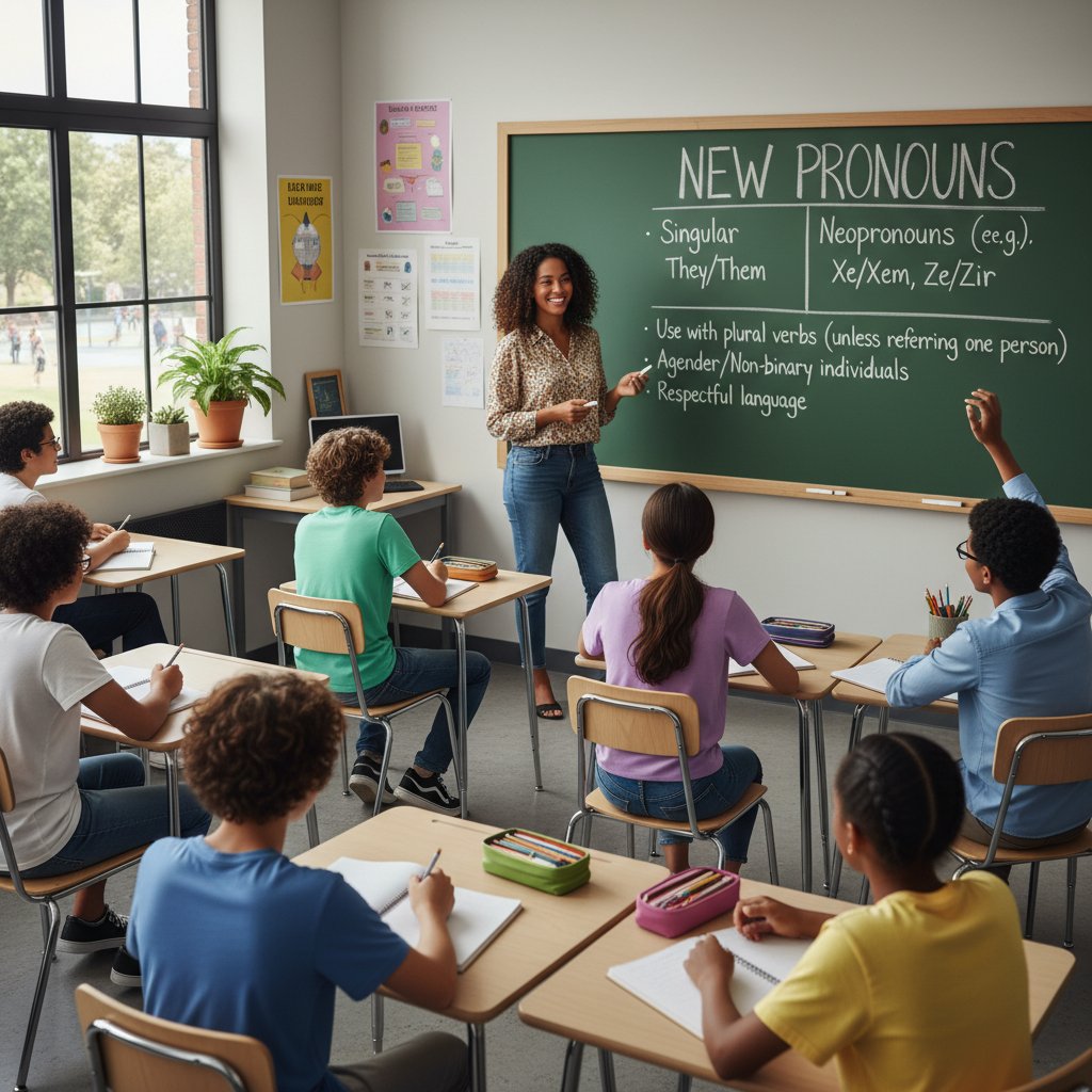 Nauczycielka omawia na tablicy nowe zaimki i zasady gramatyczne z grupą uczniów