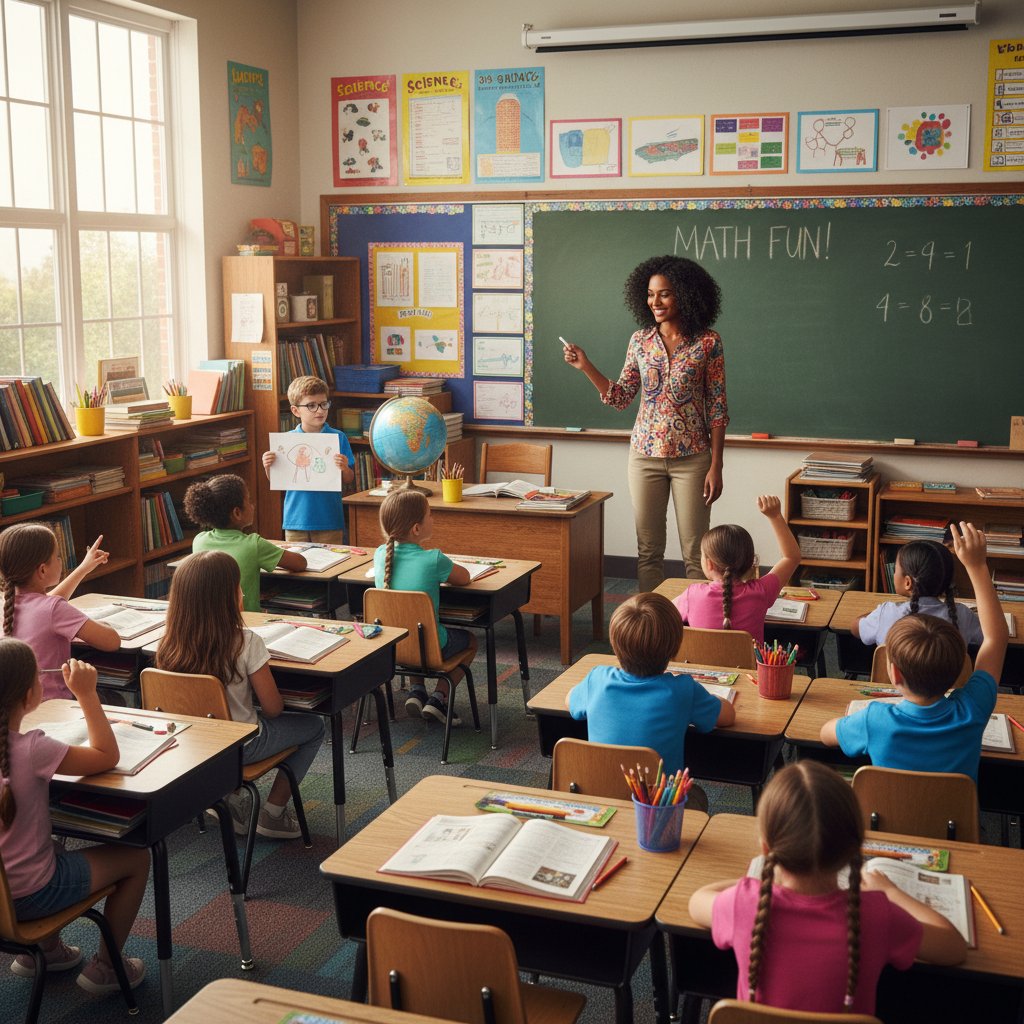 Nauczycielka przy tablicy rozmawia z uczniem, reszta klasy obserwuje – edukacja i ego