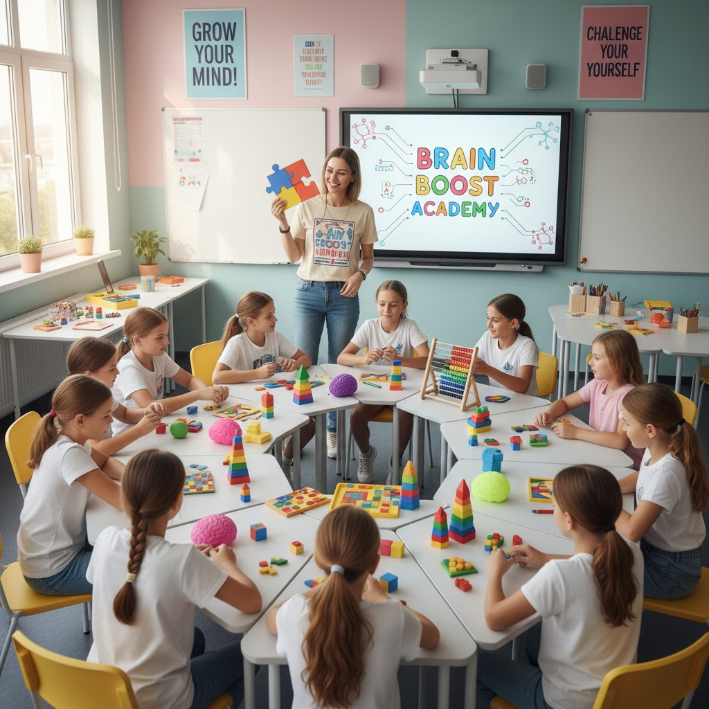 Nauczyciel prowadzący warsztaty z treningu mózgu w szkole, dzieci w różnym wieku aktywnie uczestniczą